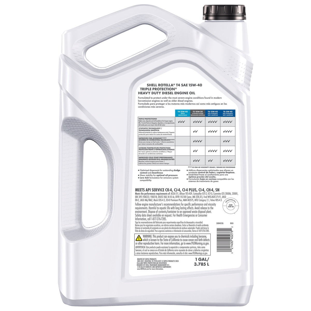 (2 pack) Shell Rotella T4 Triple Protection 15W-40 Diesel Engine Oil, 1 Gallon