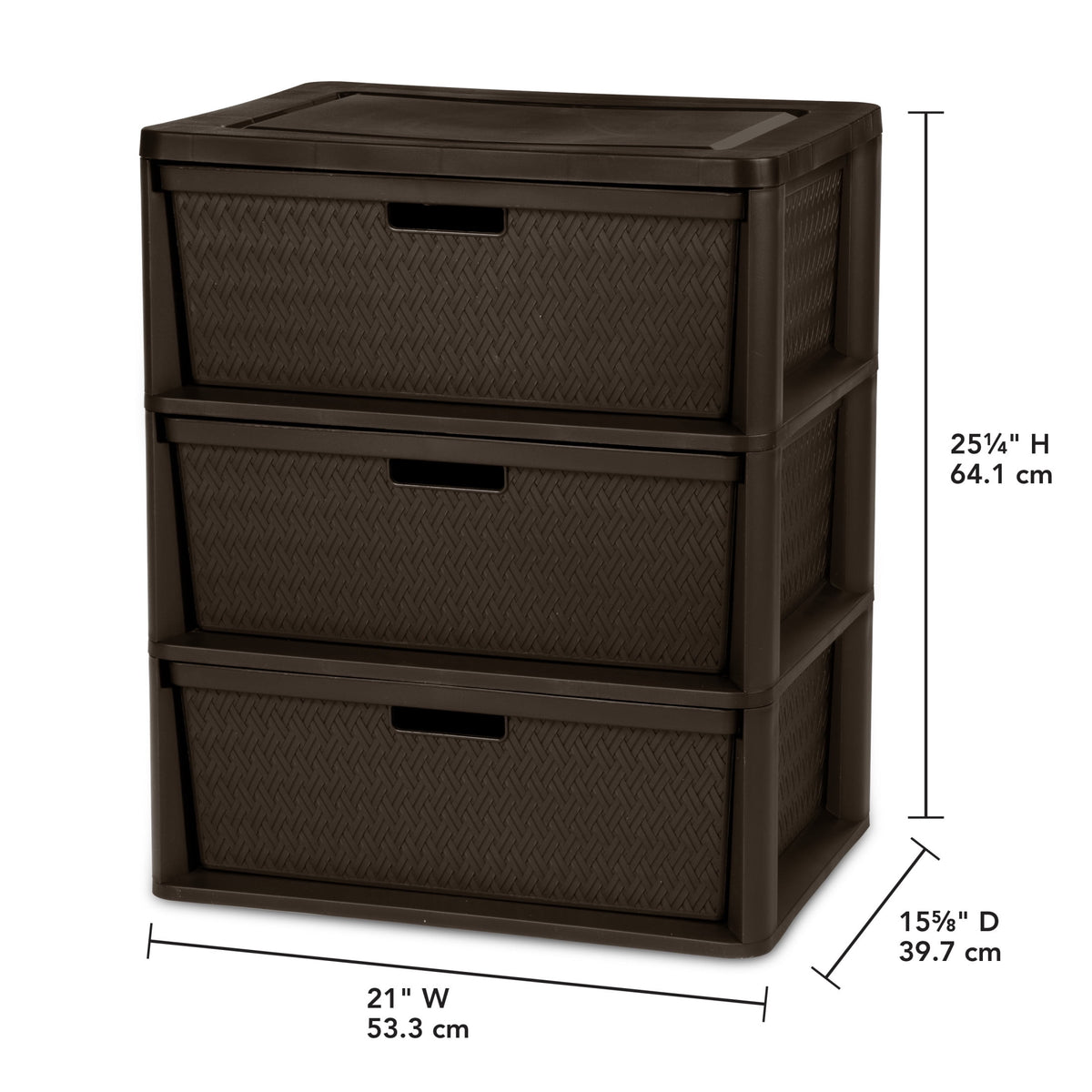 (2 pack) Sterilite Wide 3 Drawer Tower, Plastic Storage Organizer with Removable Decorative Bins, Easy Assembly, No Tools Needed, Brown