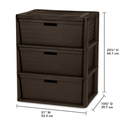 (2 pack) Sterilite Wide 3 Drawer Tower, Plastic Storage Organizer with Removable Decorative Bins, Easy Assembly, No Tools Needed, Brown
