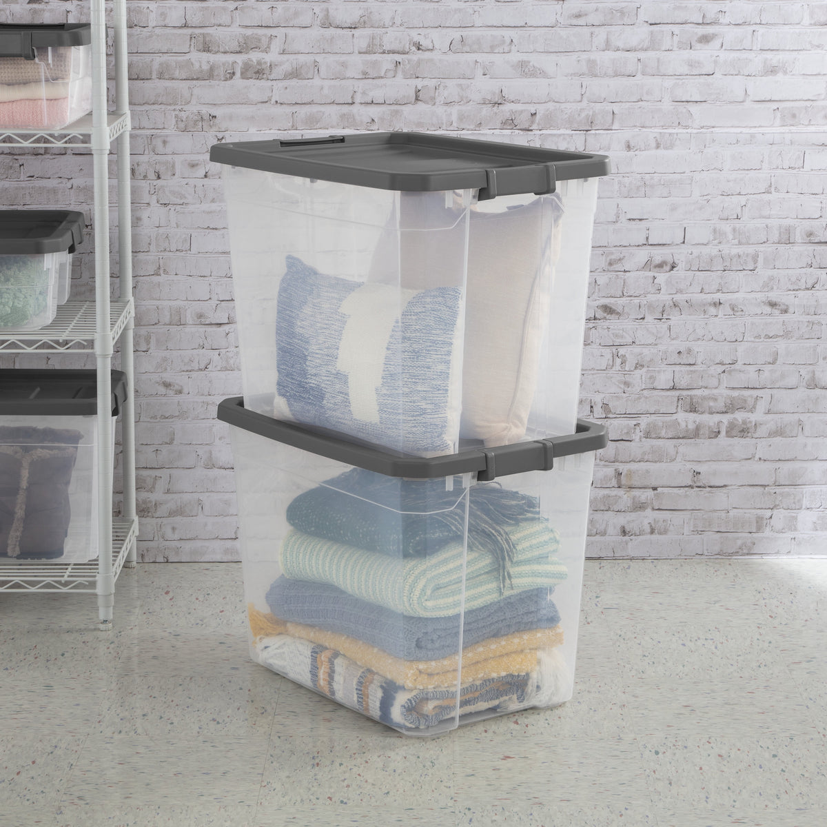 Sterilite Extra Large Stackable Storage Bin, 108 Quart Durable Clear Plastic Storage Container with Latch Lid, Dark Gray, 4 Pack