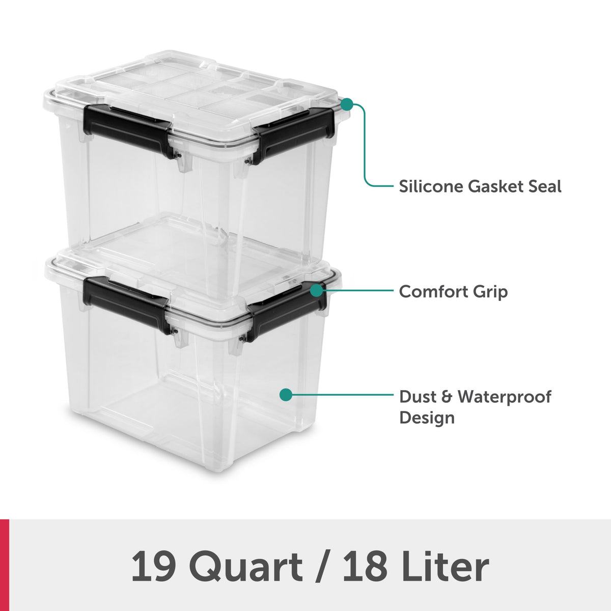 (3 pack) Sterilite Small Gasket Box, 19 Quart IP68 WaterProof Clear Plastic Storage Bin with Lid, Gasket Seal and Durable Latches, Black