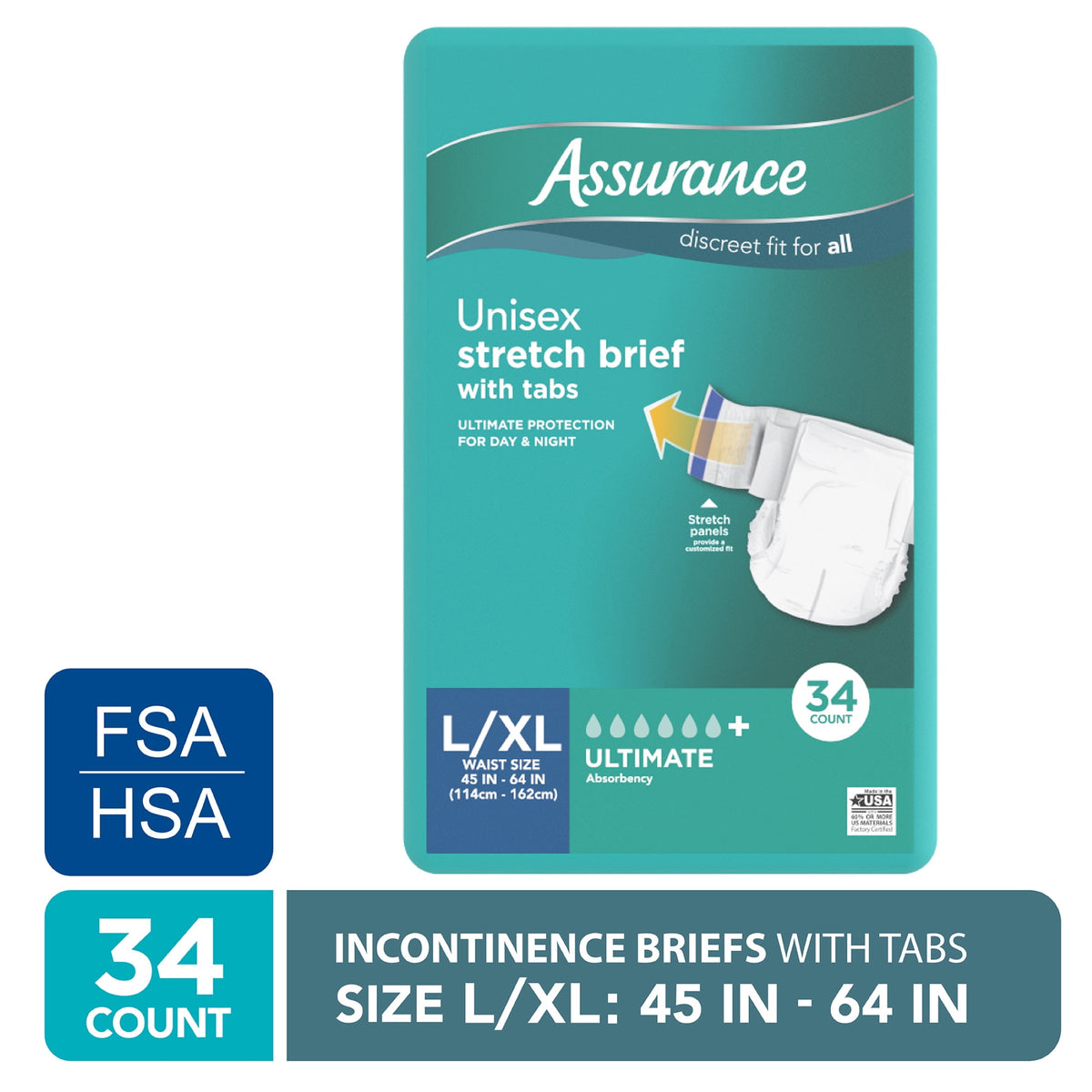 (2 pack) Assurance Unisex Stretch Briefs with Tabs, L/XL, 34 Count