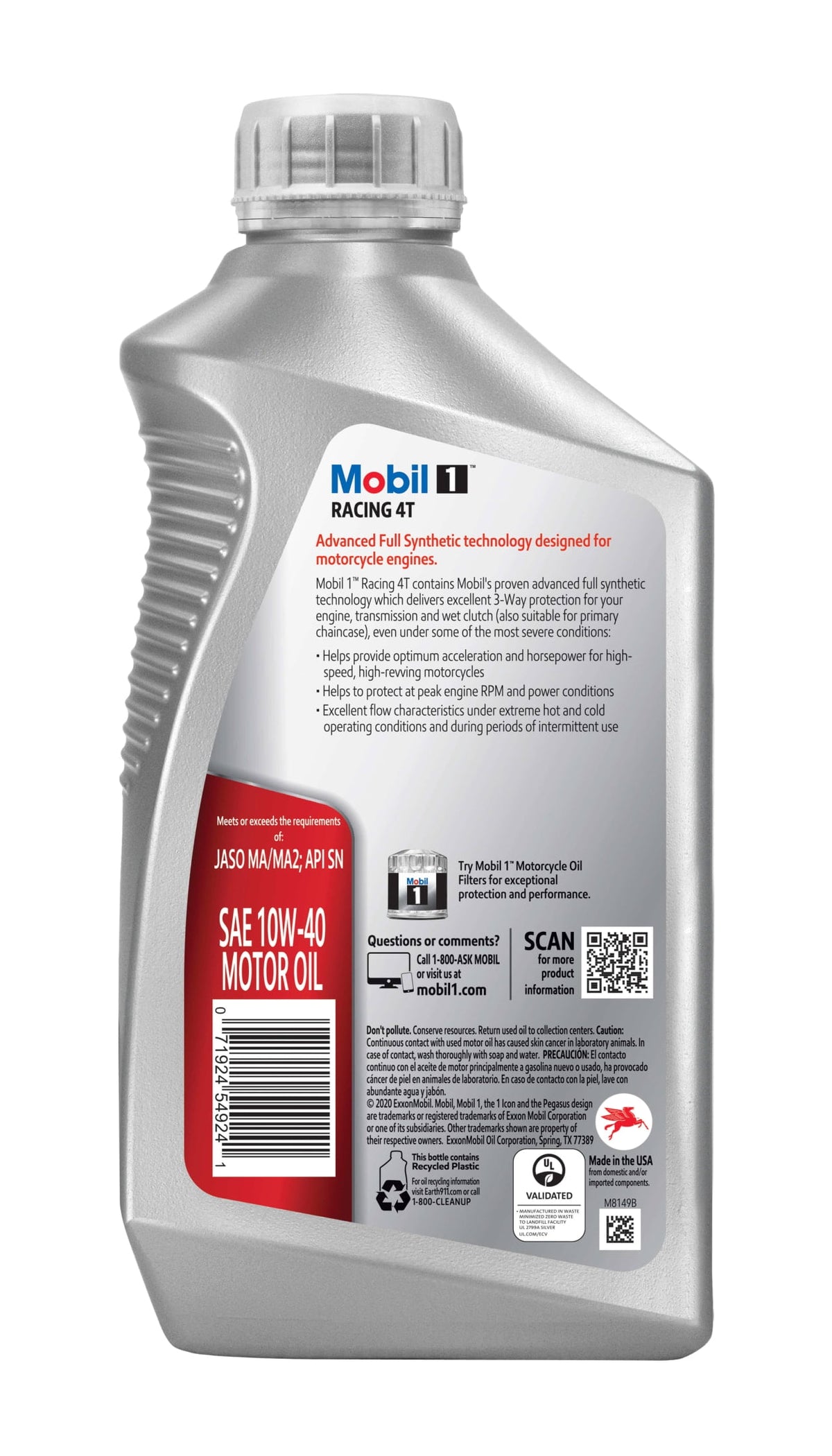 (3 pack) Mobil 1 Racing 4T Full Synthetic Motorcycle Oil 10W-40, 1 Quart
