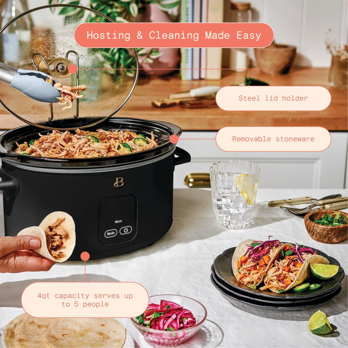 Beautiful 4Qt Slow Cooker with Touch-Activated Display, Black Sesame by Drew Barrymore