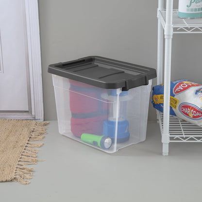 Sterilite Small Storage Bin, 30 Quart Clear Plastic Storage Container with Latch Lid, Dark Gray, Pack of 6