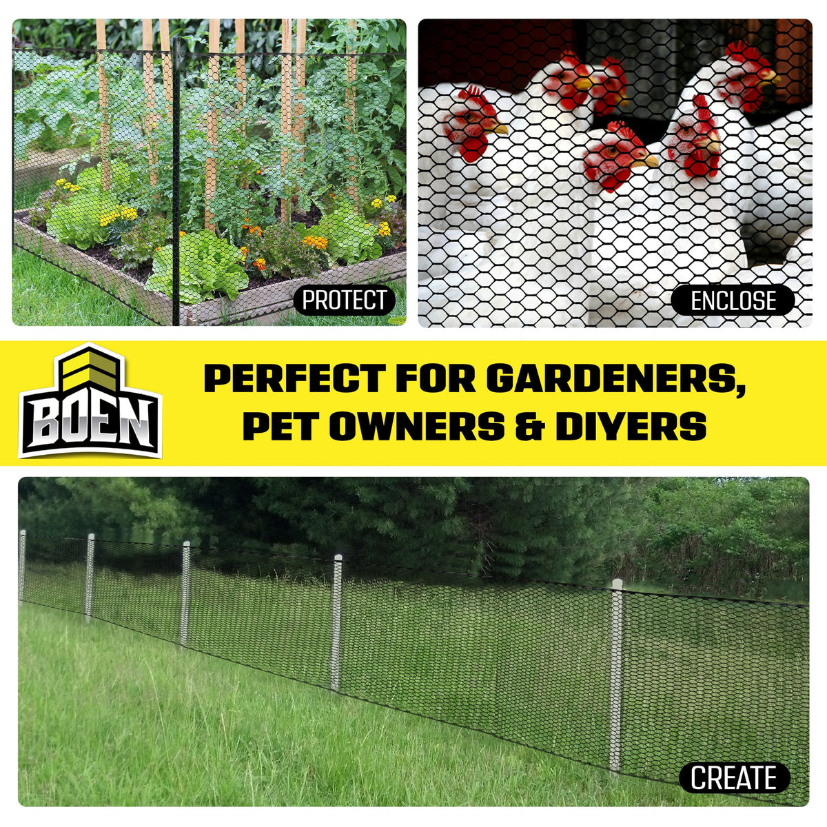 Boen - Plastic Hex Chicken Wire Mesh Temporary Fence Roll (4' x 75' - Black) - Plastic Fence Poultry Netting for Temporary or Semi Permanent Enclosures, Deer Netting Fence, Construction Fencing