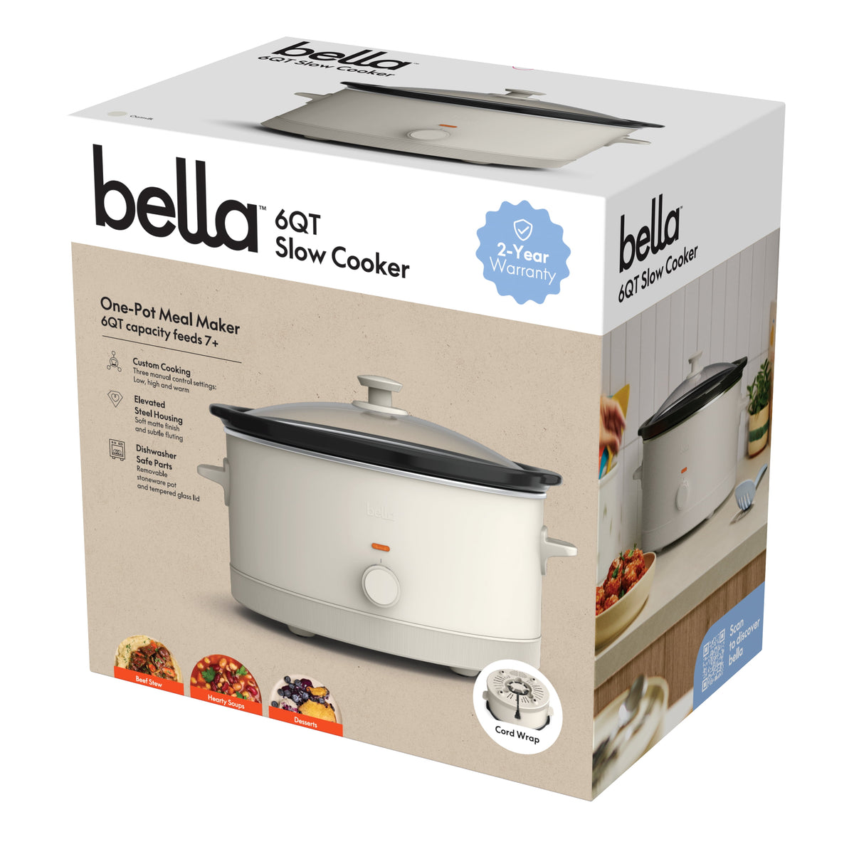 bella 6 Qt Manual Slow Cooker with 3 Temperature Settings, Ceramic Nonstick Coating, Dishwasher Safe Stoneware Pot & Tempered Glass Lid, Oatmilk