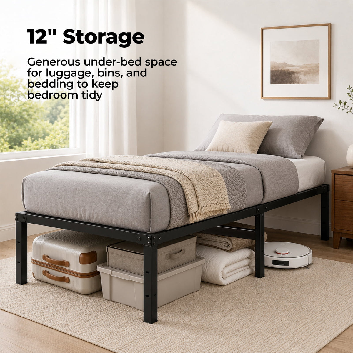 Alvantor Metal Bed Frame 16 Inch Tall, Heavy Duty Sturdy Mattress Foundation, No Box Spring Needed, Easy to Assemble, Under-bed Storage Space, Black