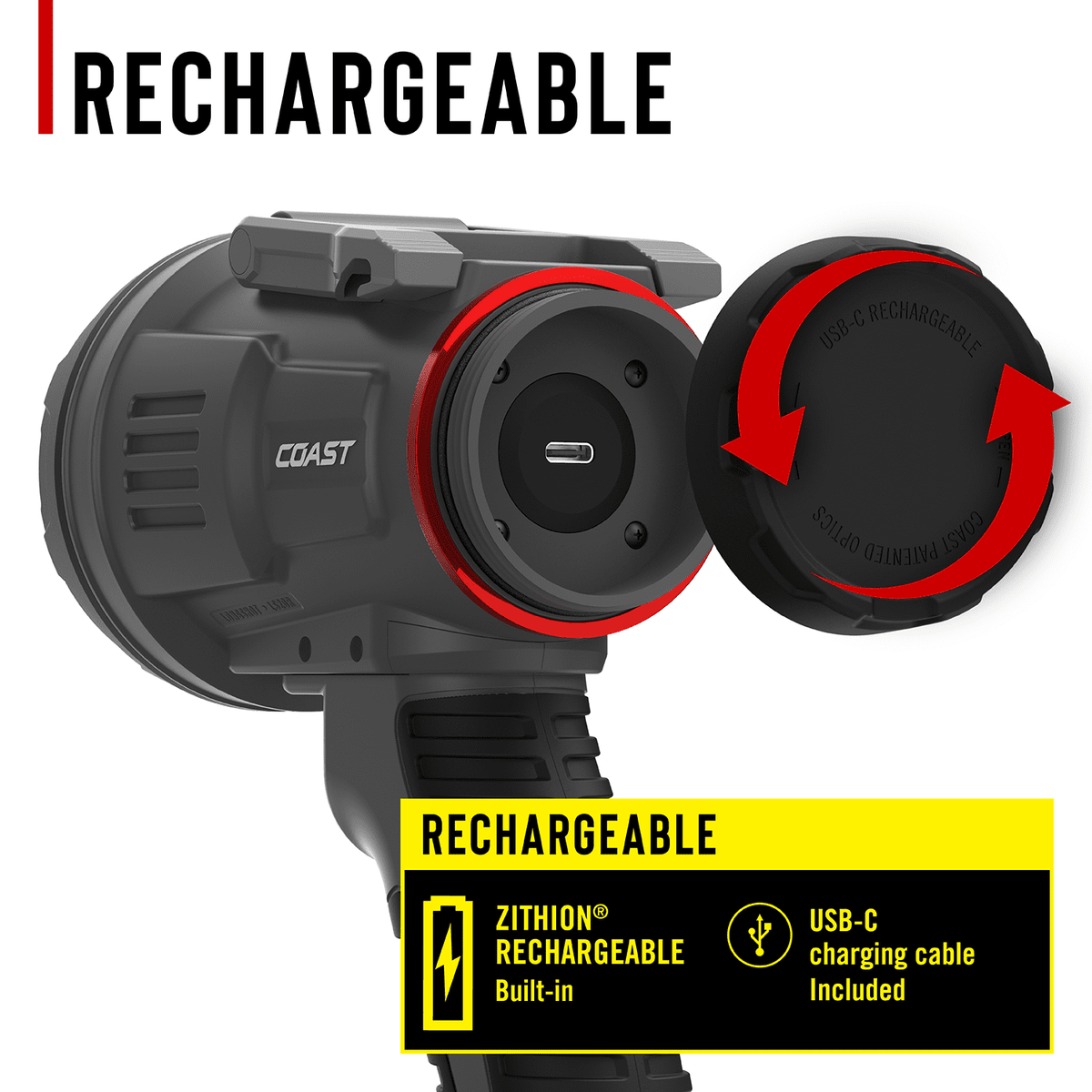 Coast LS20R 2500 Lumen Rechargeable LED Spotlight, 1/4 Mile Beam Distance, SOS Mode, IP67 Waterproof