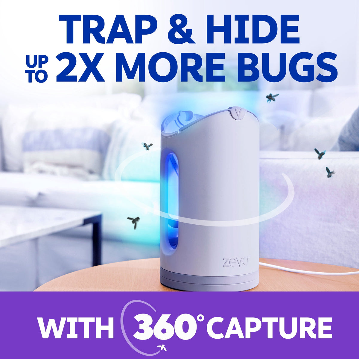 Zevo Max Flying Insect Indoor Fly Trap: Easy, Mess-Free Solution - Light Trap Catches & Kills House Flies, Fruit Flies, Gnats, & More (1 Plug in Device & 2 Cartridges)