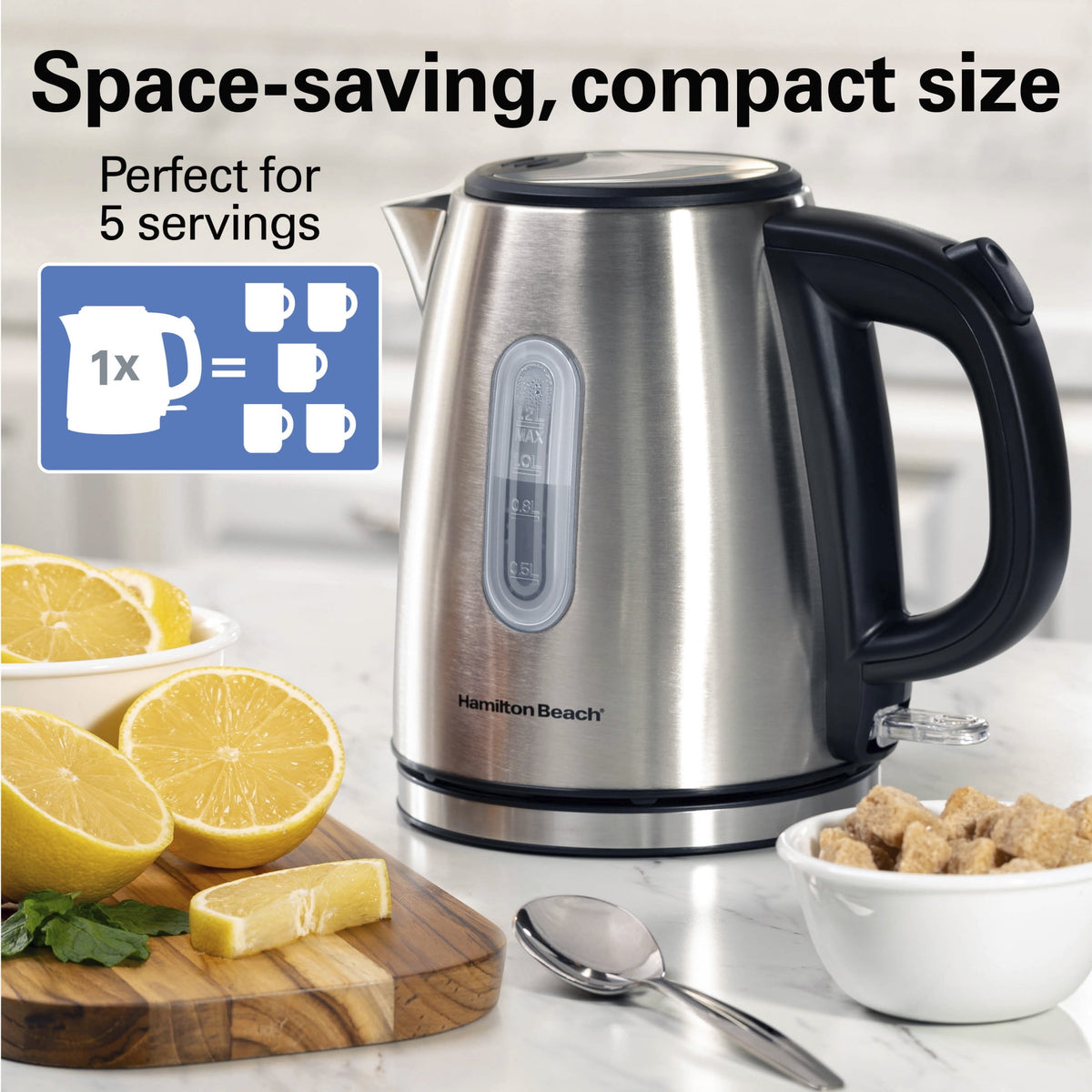 Hamilton Beach 1.2L Electric Kettle, 1500 W, Electric Tea & Water Kettle with Auto Shut-Off, Boil-Dry Protection & Water Monitor, Stainless Steel