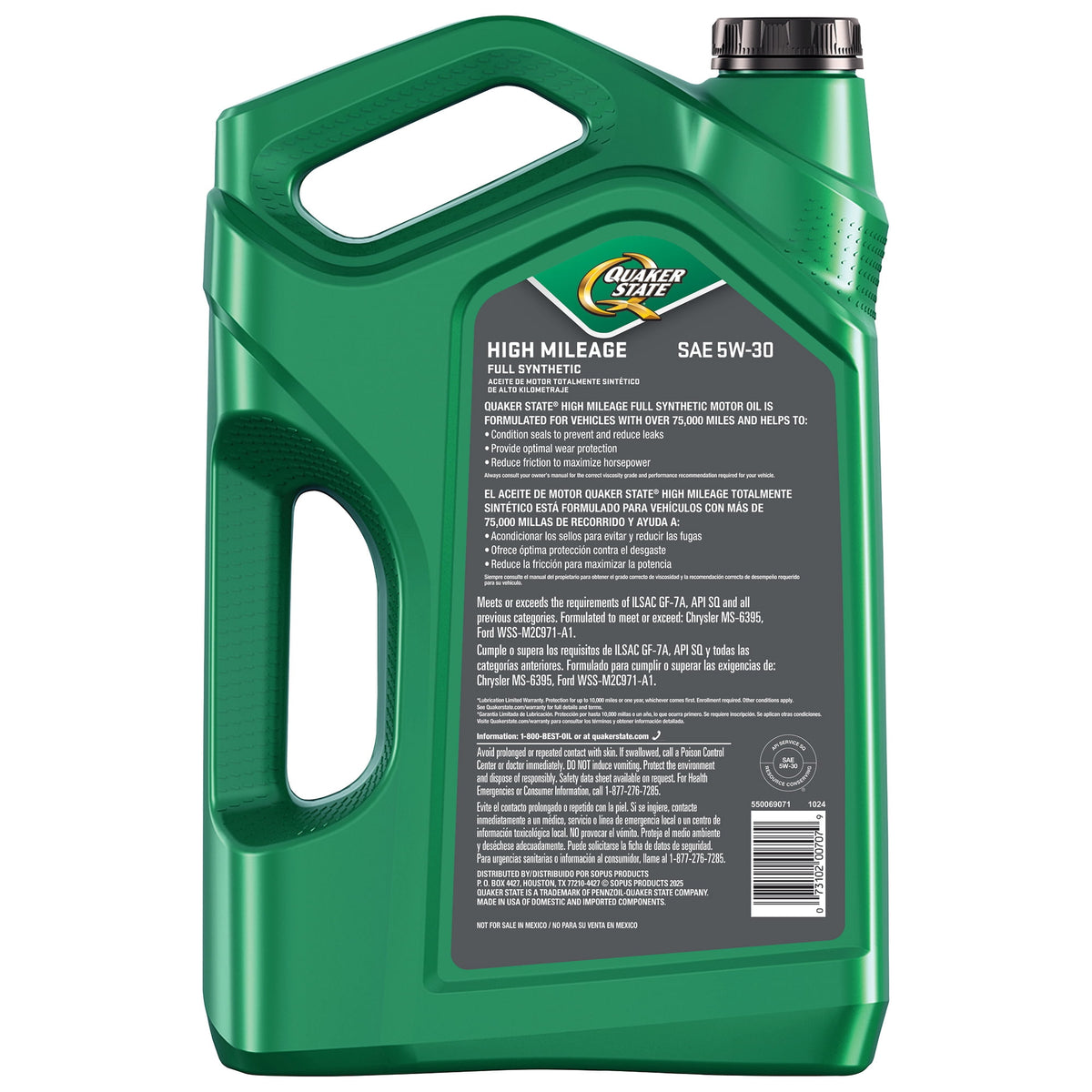 Quaker State Full Synthetic High Mileage 5W-30 Motor Oil, 5 Quart