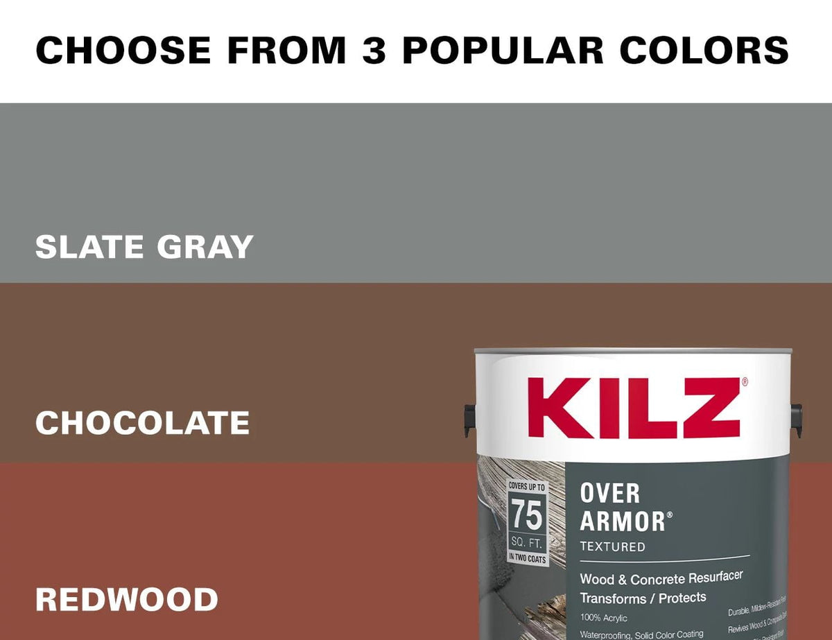 KILZ Over Armor Wood & Concrete Solid Coating Resurfacer, Exterior, Textured, Slate Gray, 1 Gallon