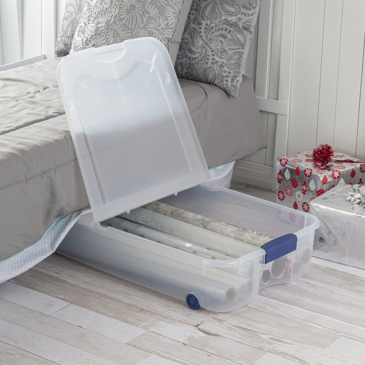 (2 pack) Sterilite 66 Quart Latching Underbed Wheeled Storage Bin, Clear Plastic Storage Container with Latch Lid, Blue