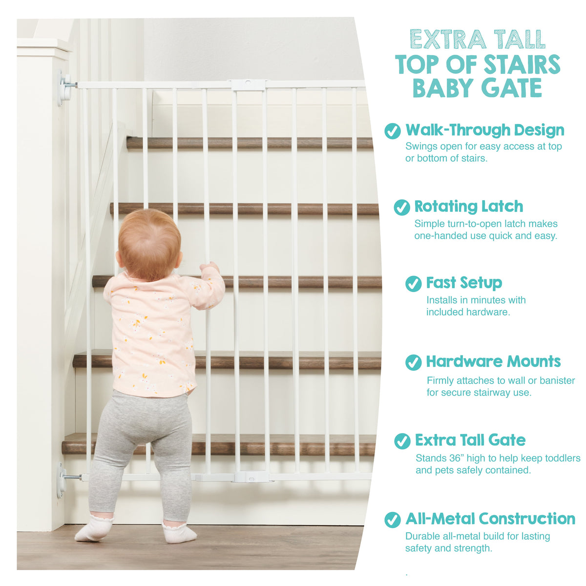 Regalo 2-in-1 Extra Tall Easy Swing Stairway and Hallway Walk Through Baby Gate, White, 38 Inch