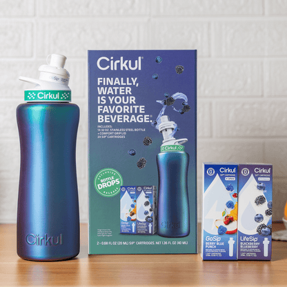 Cirkul 32oz Chameleon Stainless Steel Starter Kit with Chameleon Cirkul Lid 2.0 and 2 Flavor Cartridges (Blackberry Blueberry & Berry Blue Punch)