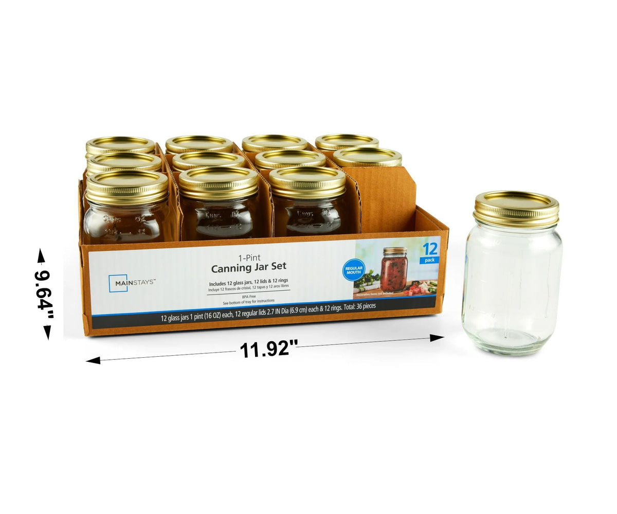 (2 pack) Mainstays Regular Mouth 16 oz Pint Mason Jars with Lids and Bands, 12-Pack Glass Canning Jars