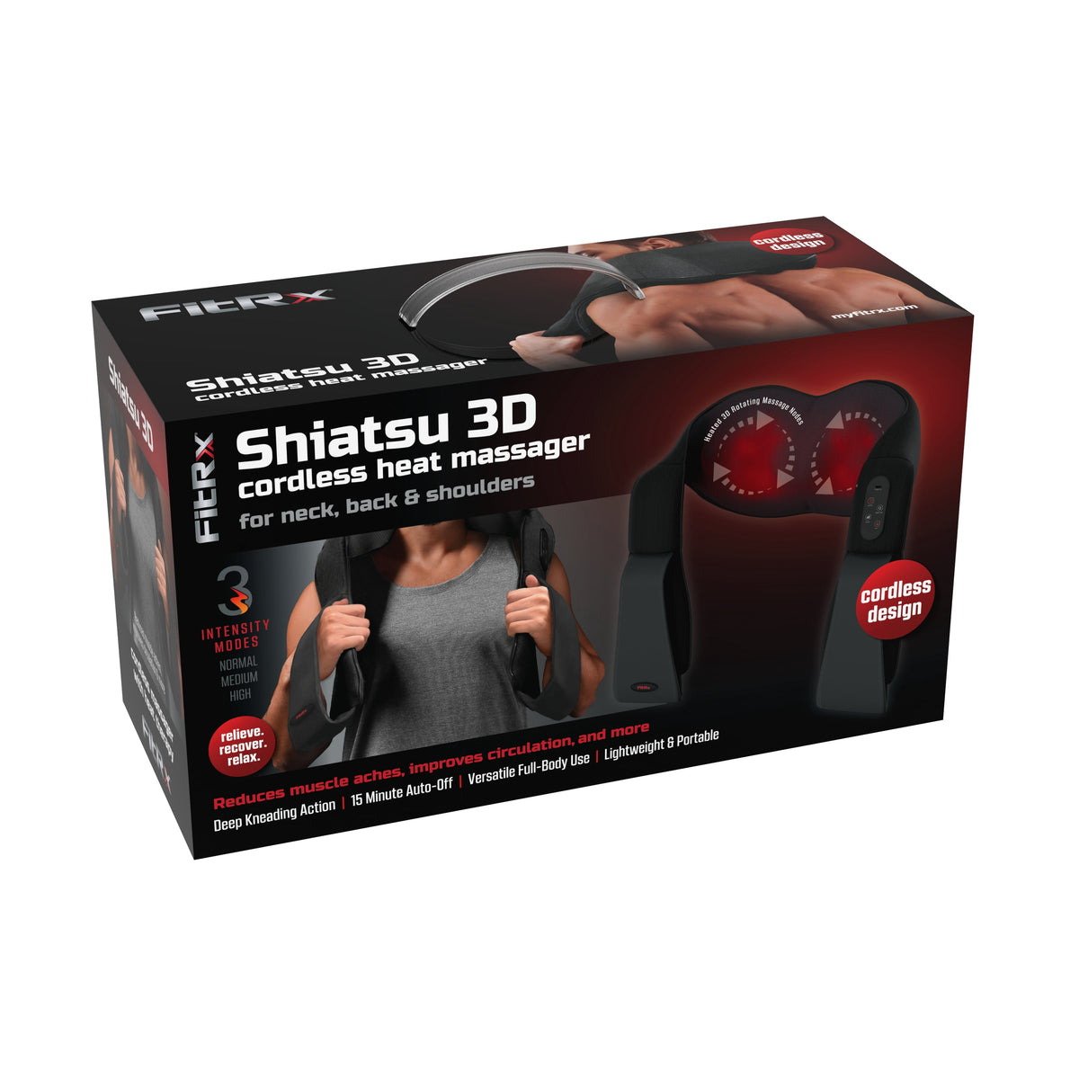 FitRx Cordless Shiatsu 3D Massager, USB-Rechargeable Shoulder, Back, and Neck Massager with Heat