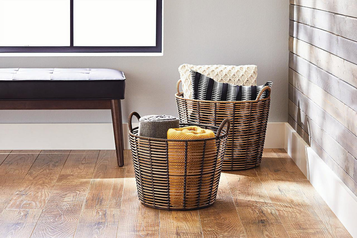 Better Homes & Gardens Round Poly Rattan Decorative Storage Basket with Handles, 18.7 in x 16.14 in