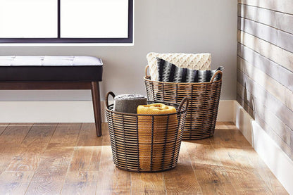 Better Homes & Gardens Round Poly Rattan Decorative Storage Basket with Handles, 18.7 in x 16.14 in