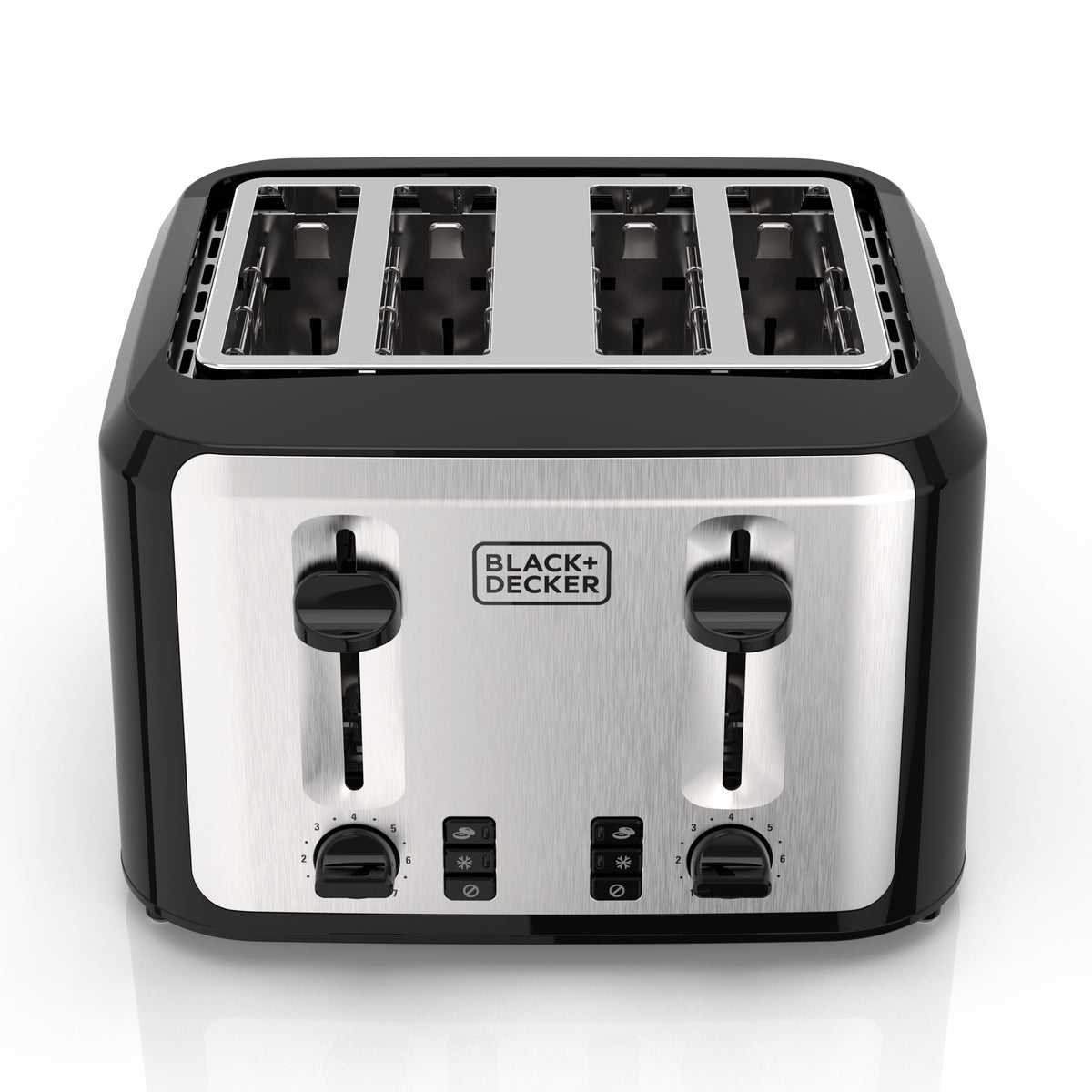 BLACK+DECKER Black/Silver 4‑Slice Toaster with Extra‑Wide Slots, 7 Adjustable Shade Settings, High‑Lift Lever & Drop‑Down Crumb Tray