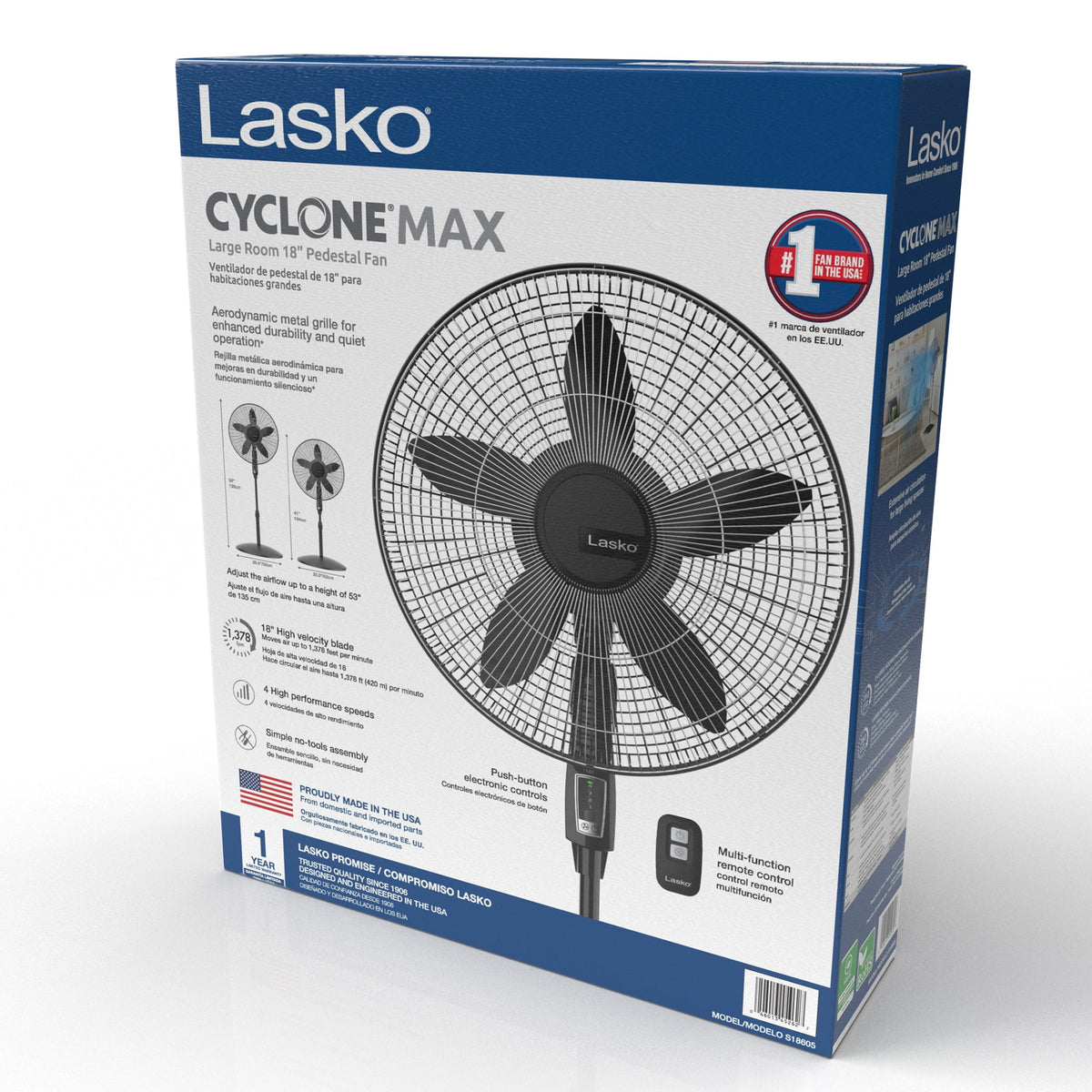 Lasko Cyclone Max 18" 4-Speed Oscillating, Remote, Adjustable Height Pedestal Fan S18605