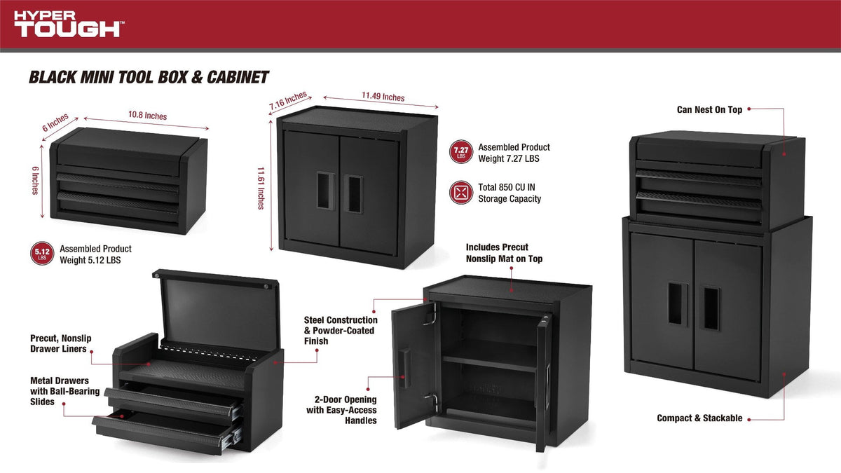 Hyper Tough Mini Tool Cabinet, 11.6 in, Steel, Black, Double Doors, Non-Slip Top Mat