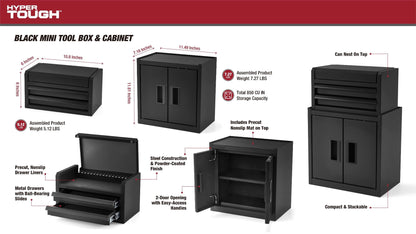 Hyper Tough Mini Tool Cabinet, 11.6 in, Steel, Black, Double Doors, Non-Slip Top Mat