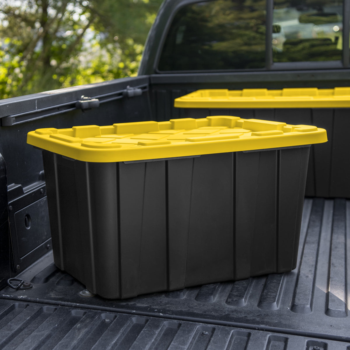Sterilite Large Storage Bin, 27 Gallon Durable Plastic Storage Tote with Snap-On Lid, Black and Yellow, 6 Pack