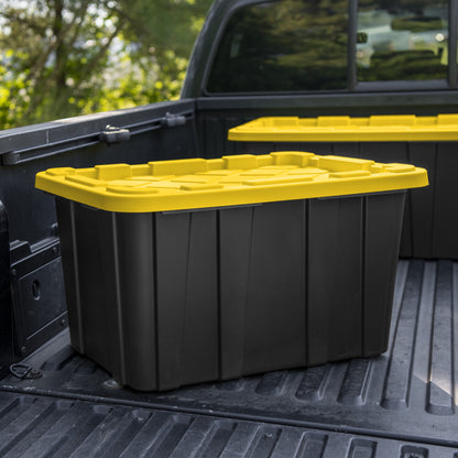 Sterilite Large Storage Bin, 27 Gallon Durable Plastic Storage Tote with Snap-On Lid, Black and Yellow, 6 Pack