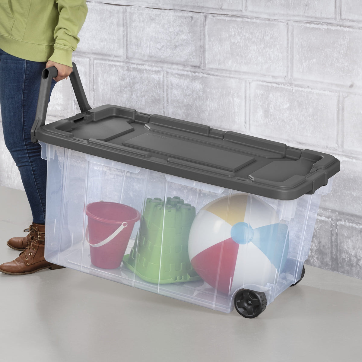 Sterilite Extra-Large Rugged Wheeled Storage Bin, 160 Quart Durable Clear Storage Container with Latching Lid and Pull Handle, Dark Gray, 2 Pack