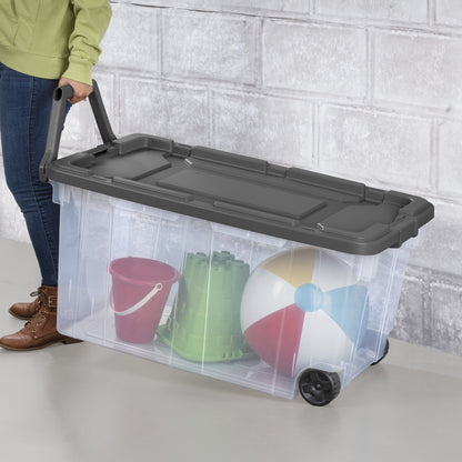 Sterilite Extra-Large Rugged Wheeled Storage Bin, 160 Quart Durable Clear Storage Container with Latching Lid and Pull Handle, Dark Gray, 2 Pack