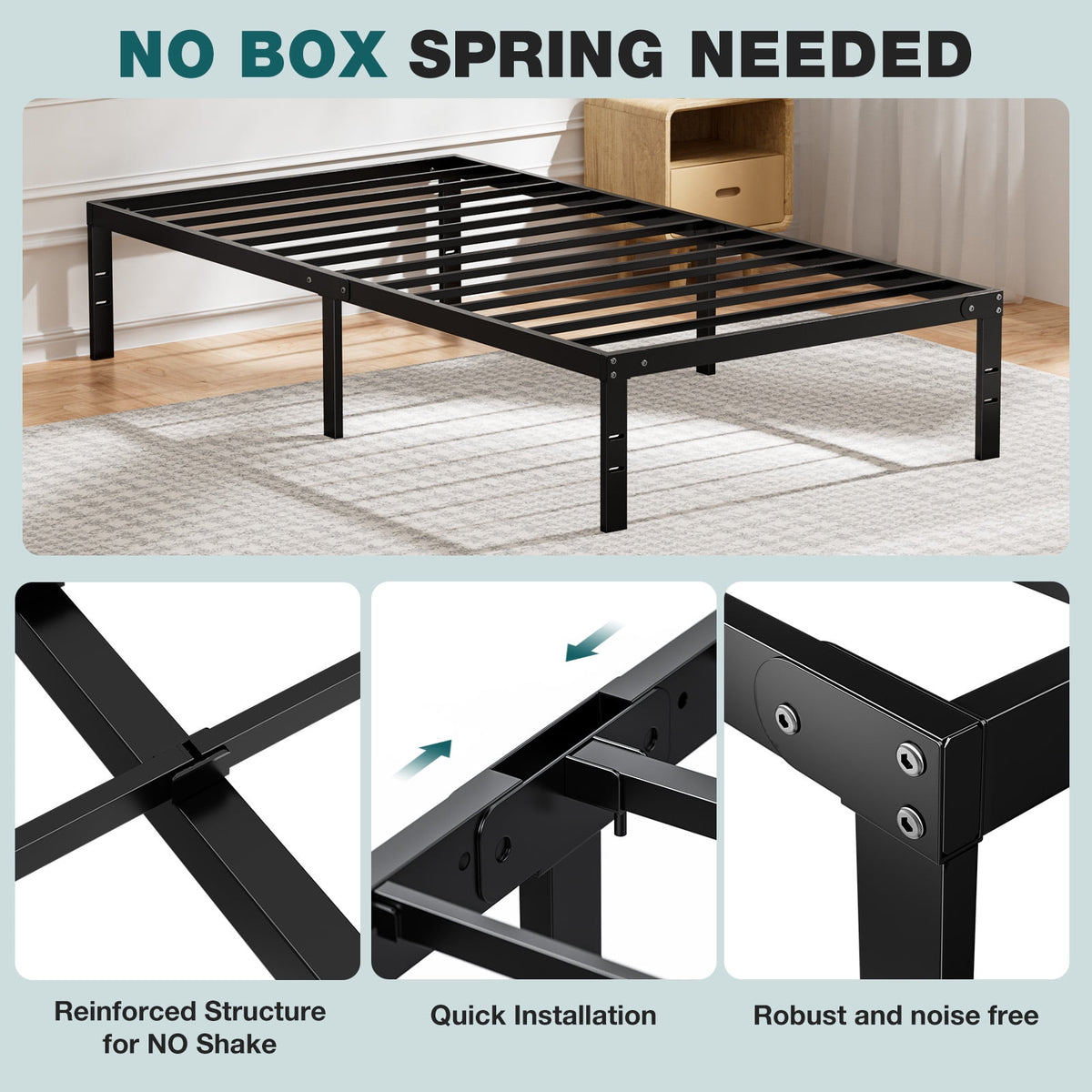 GIANNA Twin Size 14-inch Metal Platform Bed Frame with Under-Bed Storage, Sturdy Steel Construction, No Box Spring Required