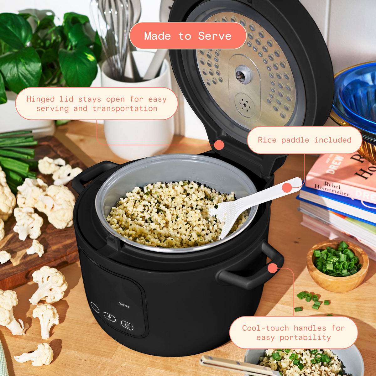 Beautiful 14-Cup Cooked, 6-Cups Uncooked Electric Rice and Grain Cooker, EverGood Ceramic Nonstick Coating, Black Sesame by Drew Barrymore