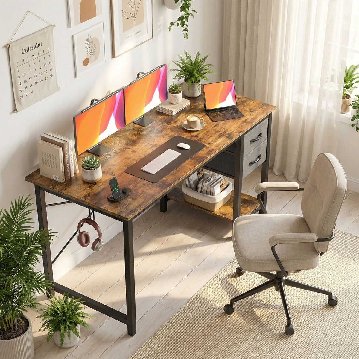 CONCETTA 47in Small Computer Desk with 2 Drawers, Side Headphone Hook, Writing Work Study Desk for Home, Rust Brown