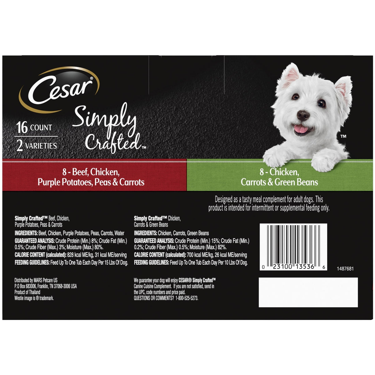 Cesar Simply Crafted Wet Dog Food Variety Pack, 1.3 oz Tubs (16 Pack)