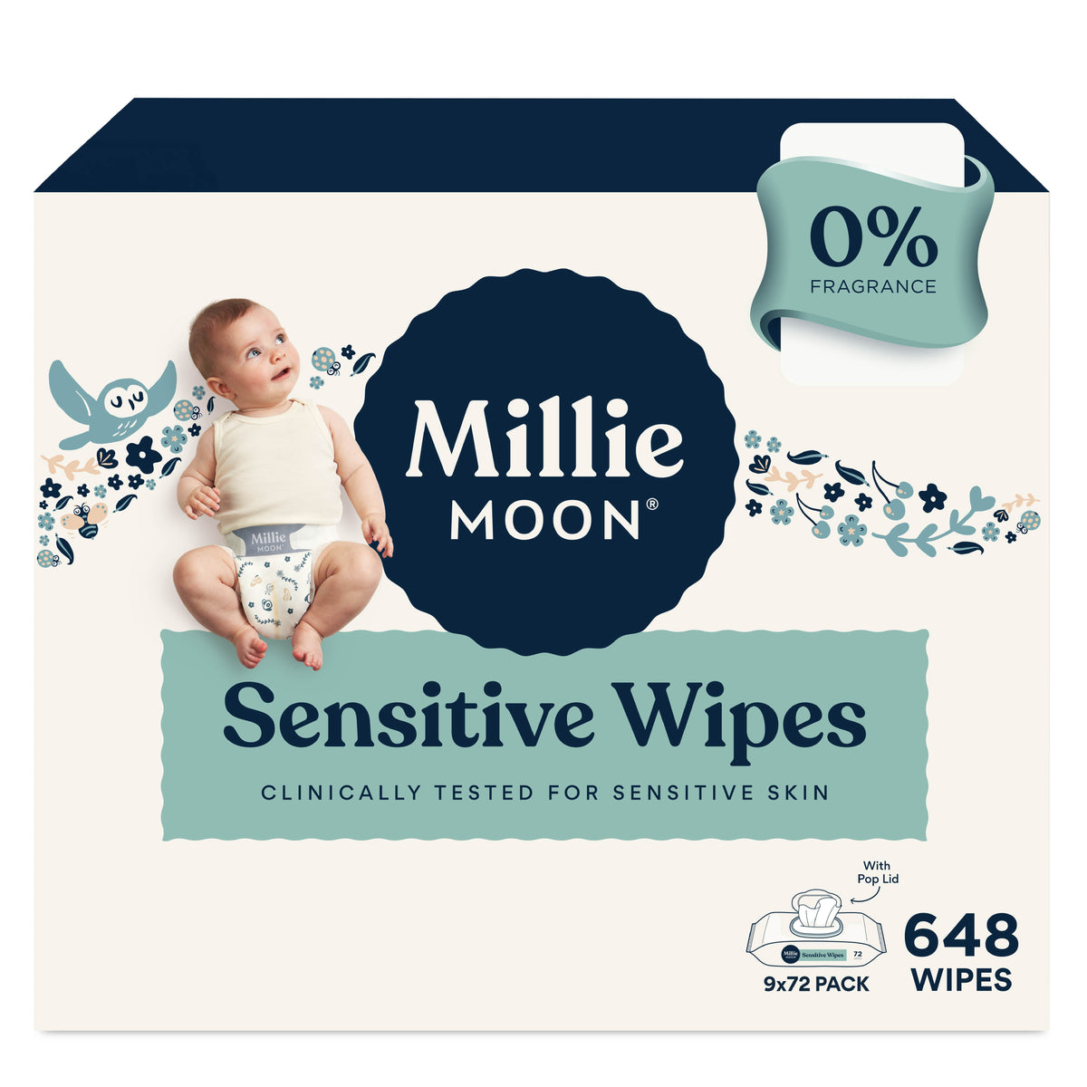 Millie Moon Luxury Diapers, Size 3, 80 Count, and Millie Moon Sensitive Baby Wipes, 9 Pack, 648 Wipes (Select for More Options)