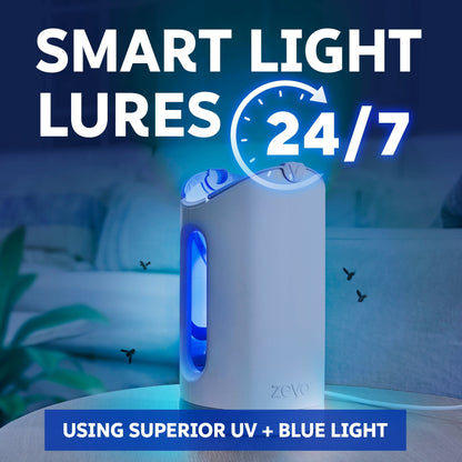 Zevo Max Flying Insect Indoor Fly Trap: Easy, Mess-Free Solution - Light Trap Catches & Kills House Flies, Fruit Flies, Gnats, & More (1 Plug in Device & 2 Cartridges)