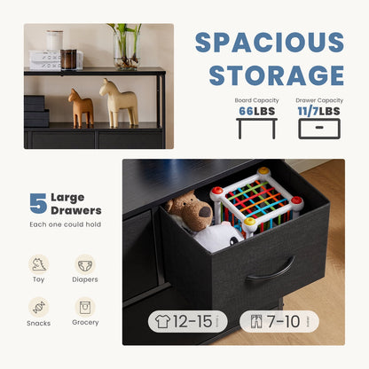 CONCETTA TV Stand Dresser with 5 Fabric Drawers and Open Shelving, Multi-functional Storage Unit Fits TV up to 45 inches for Bedroom Living Room Hallway, Black