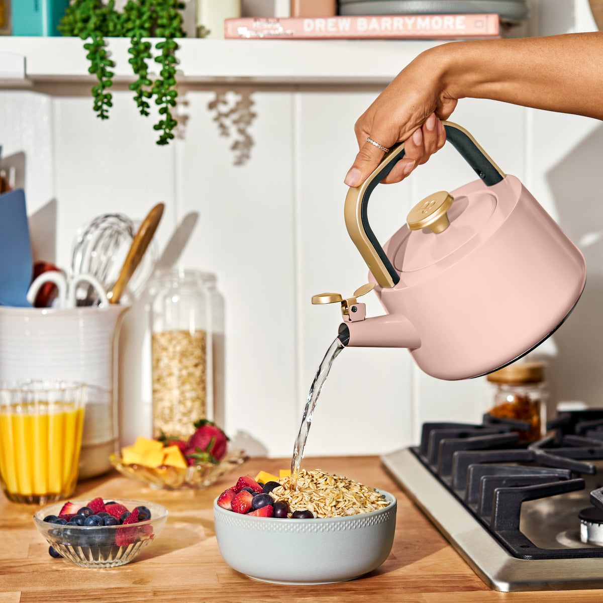 Beautiful by Drew Barrymore 1.8 L Ceramic-Coated Stovetop Tea Kettle, Rose