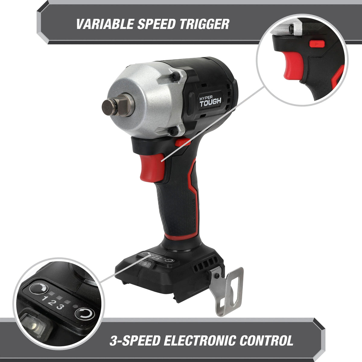 Hyper Tough 20V Max Brushless 1/2 in Cordless Impact Wrench, 350 ft-lbs, Tool Only