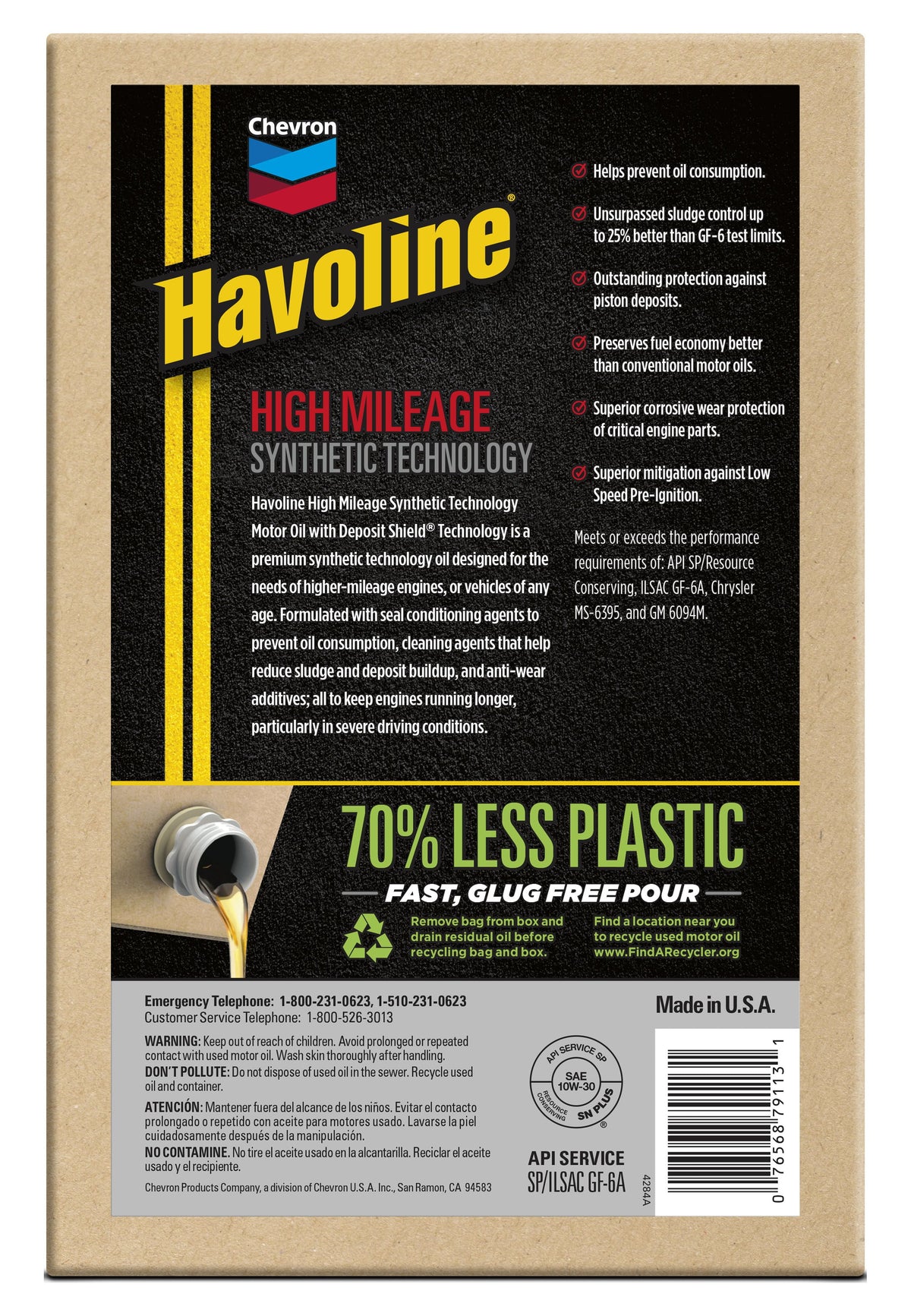 (2 pack) Chevron Havoline High Mileage Synthetic Technology Motor Oil 10W-30, 6 Quart Smart Change Box