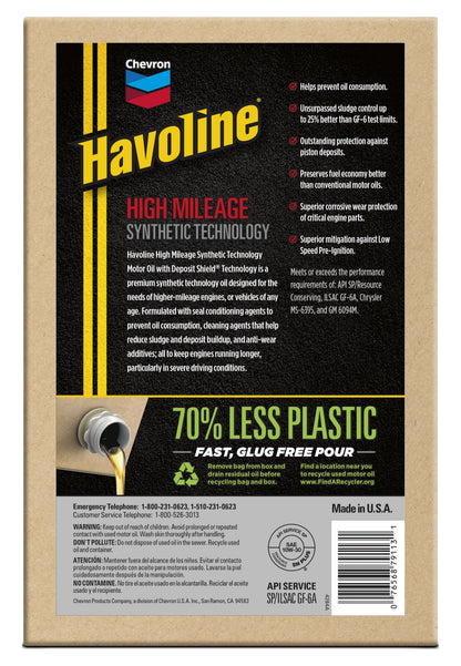 (2 pack) Chevron Havoline High Mileage Synthetic Technology Motor Oil 10W-30, 6 Quart Smart Change Box