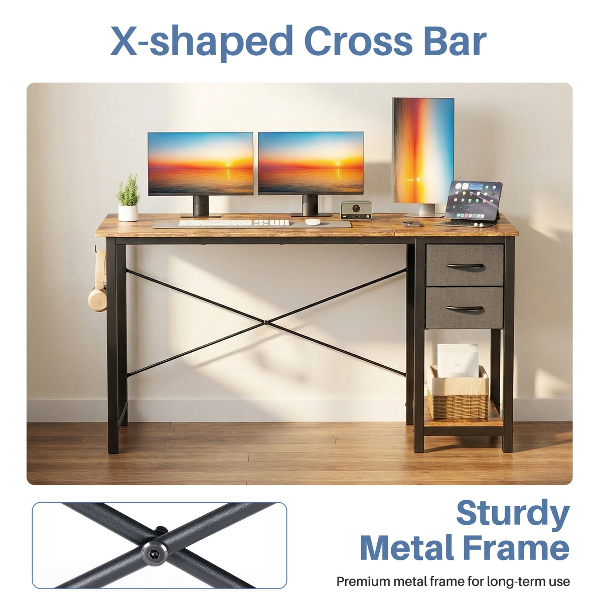 CONCETTA 47in Small Computer Desk with 2 Drawers, Side Headphone Hook, Writing Work Study Desk for Home, Rust Brown