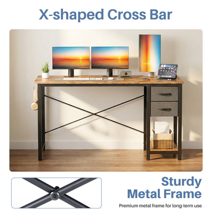 CONCETTA 47in Small Computer Desk with 2 Drawers, Side Headphone Hook, Writing Work Study Desk for Home, Rust Brown