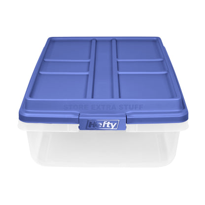 Hefty 40 Qt. Clear Plastic Storage Bin with Blue HI-Rise Lid, 6 Pack