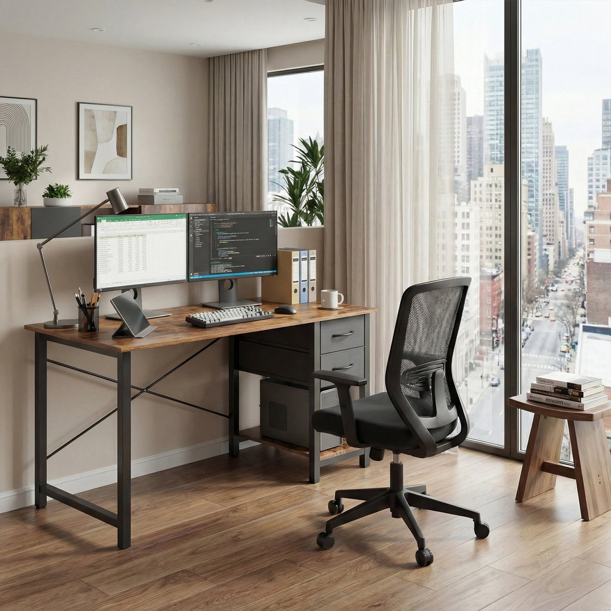CONCETTA 47in Small Computer Desk with 2 Drawers, Side Headphone Hook, Writing Work Study Desk for Home, Rust Brown
