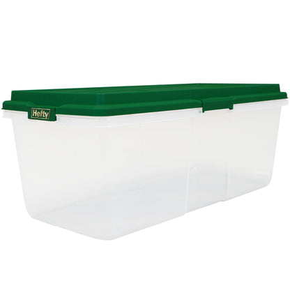 Hefty 113 Quart Clear Plastic Latched Christmas Storage Container, HIRISE Green Lid, Set of 4