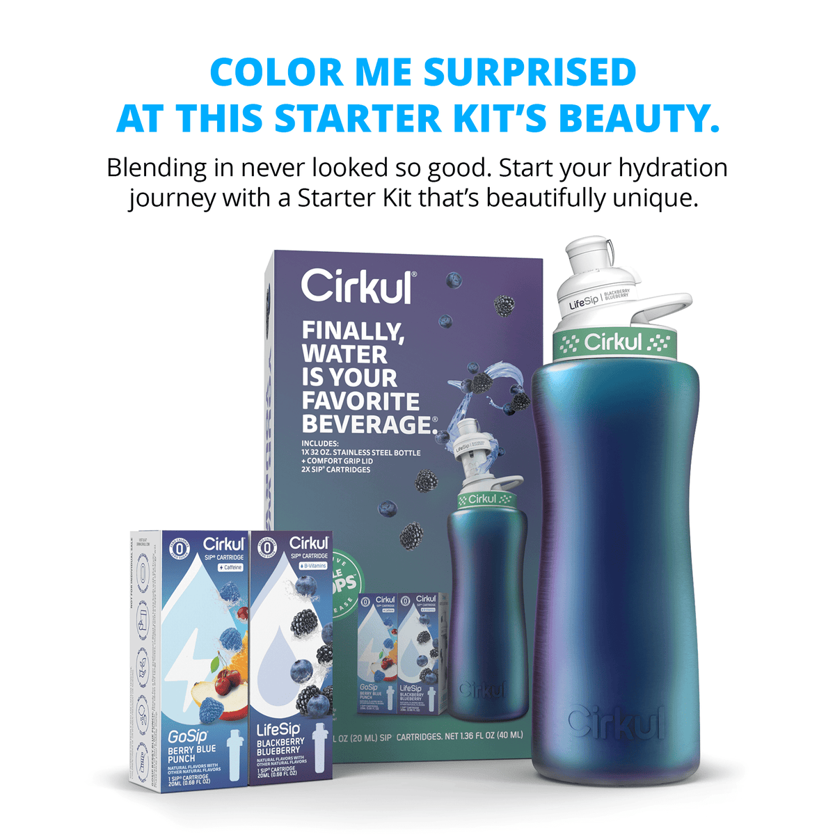 Cirkul 32oz Chameleon Stainless Steel Starter Kit with Chameleon Cirkul Lid 2.0 and 2 Flavor Cartridges (Blackberry Blueberry & Berry Blue Punch)