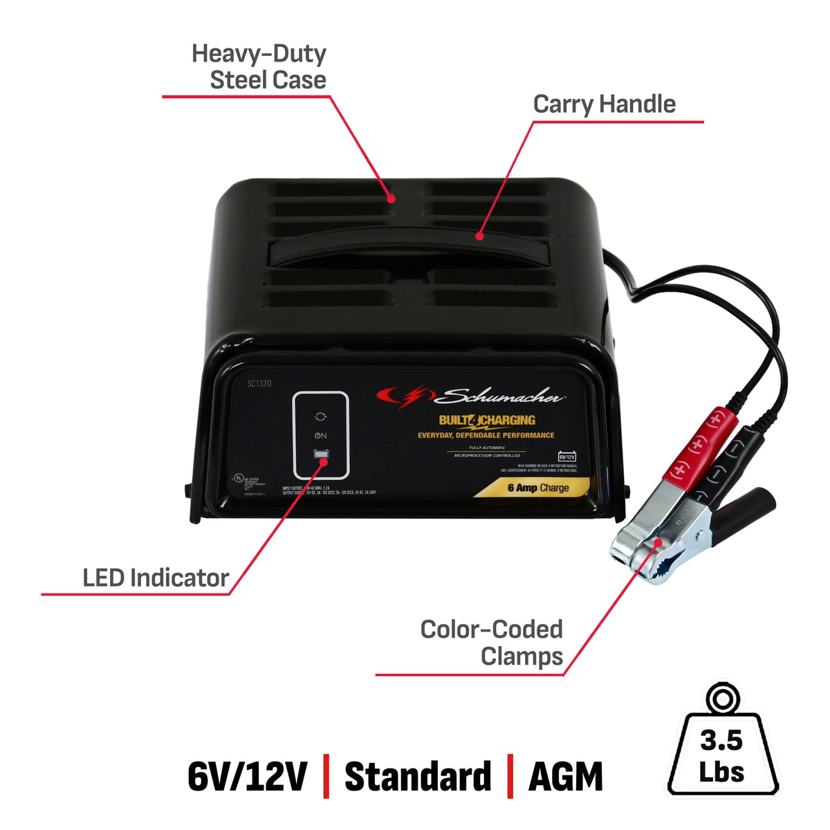 Schumacher Electric 6A Car Battery Charger and Maintainer, 3-in-1 Solution, 6V/12V Sport, Auto, and Marine Batteries, SC1320